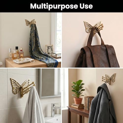 Indian Shelf Brass Butterfly Swivel Wall Hook, Foldable Tri-Arm Gold Hanger - style: Butterfly