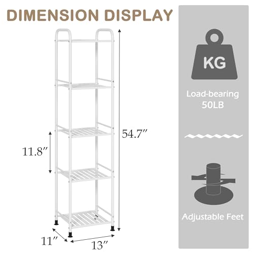 JSB 5 Tier Narrow Bathroom Shelving Unit, Kitchen Storage Rack Organizer Metal Corner Shelf for Living Room Laundry Pantry (Matte White, 5 Tier) - color: Matte White, size: 5 Tier