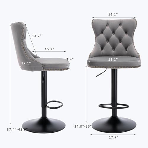 Velvet Bar Stool Set of 2, Adjustable Swivel Bar Stools with Black Metal Leg, Button Tufted, Footrest, Chrome Nailhead, Counter Height Chair for Kitchen, Bar, Dining Room (Grey) - color: Grey-black Leg, size: Set of 2