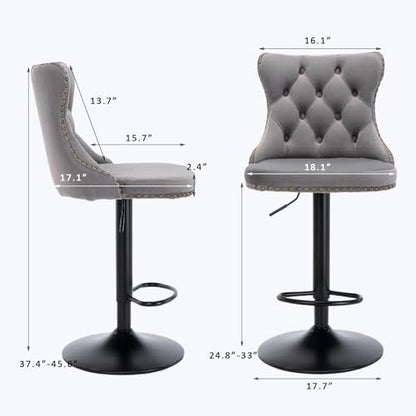 Velvet Bar Stool Set of 2, Adjustable Swivel Bar Stools with Black Metal Leg, Button Tufted, Footrest, Chrome Nailhead, Counter Height Chair for Kitchen, Bar, Dining Room (Grey) - color: Grey-black Leg, size: Set of 2