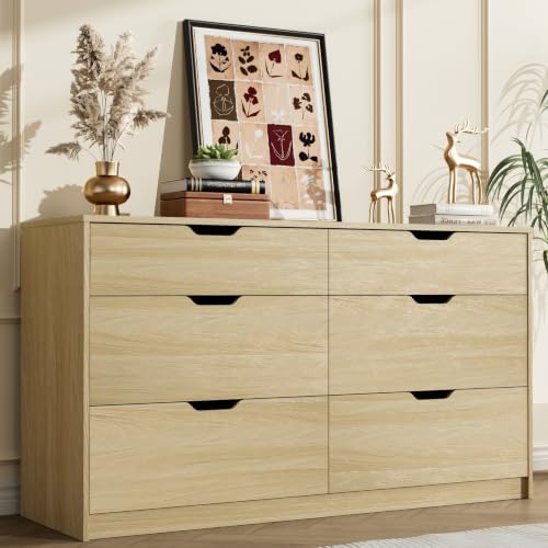 YESHOMY Dresser for Bedroom, 47.2" Modern Wood Chest with 6 Drawers | Two Drawer Sizes, Anti-Tip, Storage Cabinet & TV Stand for Living Room, Closet, Entryway, Natural Oak - color: Natural Oak