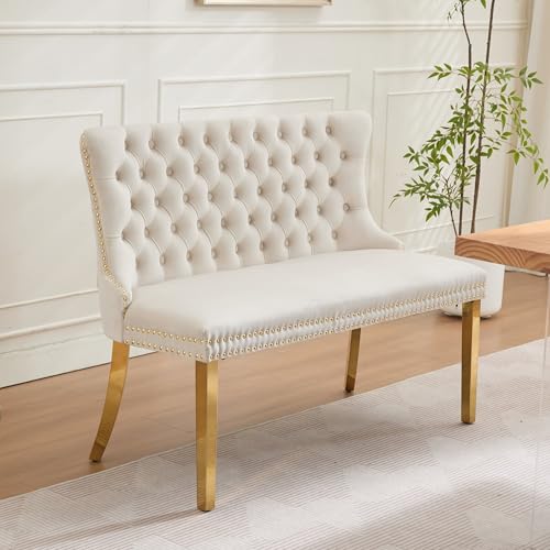 Velvet Upholstered Dining Bench with Back,Luxury Tufted Small Love Seat Settee Sofa Benches,Wingback Banquette Seating Bench with Nailhead Trim Stainless Steel Legs (1, Beige+Gold) - color: Beige+gold