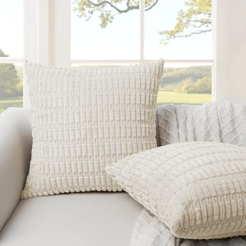 Softalker Throw Pillow Covers 16x16 Inch Set of 2, Solid Color Corduroy Soft Plush Decorative Square Cushion Covers for Couch Sofa, Summer Outdoor Rustic Farmhouse Boho Home Decor, Cream Beige - color: Cream, size: 16" x 16" (Pack of 2)