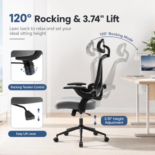 Ergonomic Office Chair, Home Office Desk Chairs with Adjustable Lumbar Support and Headrest, High Back Mesh Computer Desk Chair with 3D Flip-up Armrests & 360° Swivel Wheels, 275 LBS - color: Grey With Lumbar Support