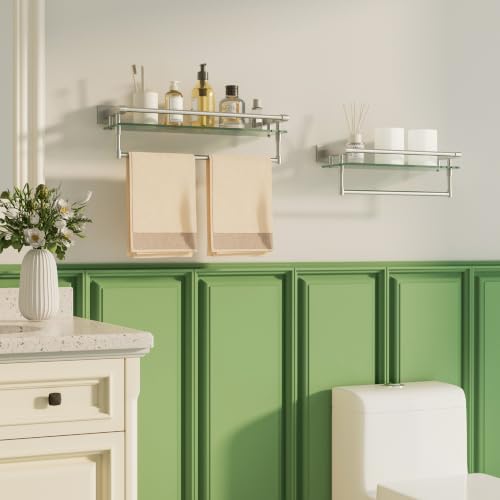 Alise Bathroom Shelf with Towel Bar, 20 Inch Brushed Nickel Glass Shelf | Floating Glass Shelves for Bathroom Wall, Tempered Glass, SUS304 Stainless Steel - color: Brushed Nickel, size: 20 In