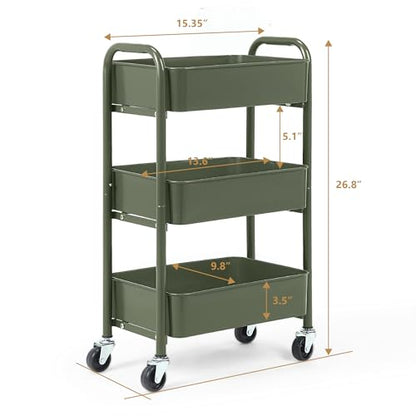 SunnyPoint 3-Tier Delicate Compact Rolling Metal Storage Organizer - Mobile Utility Cart Kitchen/Under Desk Cart with Caster Wheels - Army (15.35" X 10.24" X 26.8"H) - color: Army