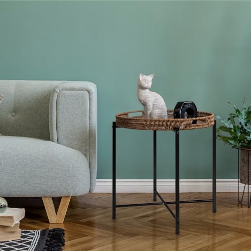 DINGTAI Brown Small Round End Table, 19in Rattan End Tables, Wicker Rattan Side Table, Round Sofa Side Table, Indoor Outdoor Side Tables for Patio, Living Room Bedroom Office