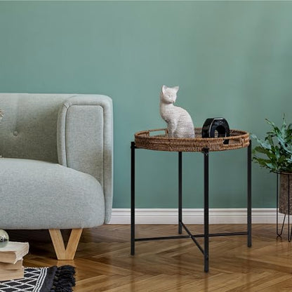 DINGTAI Brown Small Round End Table, 19in Rattan End Tables, Wicker Rattan Side Table, Round Sofa Side Table, Indoor Outdoor Side Tables for Patio, Living Room Bedroom Office