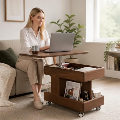 Small Lift Top Coffee Table with Wheels, Solid Wood Table with Storage | Lift top coffee table with hidden storage, rotating tabletop and wheels, designed for small spaces with no assembly required. - color: Walnut