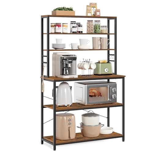 VASAGLE Coffee Bar, 39.4 Inches Baker's Rack for Kitchen with Storage, 6-Tier Kitchen Shelves with 6 Hooks, Microwave Stand, Industrial, Rustic Brown and Ink Black UKKS039K01 - color: Rustic Brown + Ink Black, size: 39.4"W, style: No Power Outlet