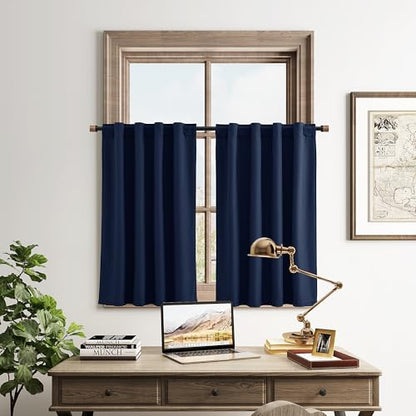 100% Blackout Kitchen Linen Curtains Back Tab 30 Inch Length Privacy Elegant Mini Cafe Curtain for Rustic Farmhouse Bathroom Thermal Insulated Kids Bedroom Small Drape Navy Blue 26x30 - color: Navy Blue, size: 26"W x 30"L (Pack of 2)