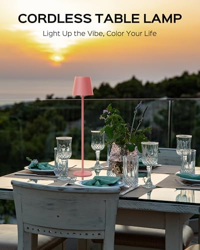 JACKYLED Cordless Table Lamps Rechargeable, 3 Adjustable Height, 5000Capactiy Opwer Operated, 3 Colors Smooth Dimming, Portable LED Waterproof Table Lamp for Dining, Bedroom, Outdoor ((2 Pack Pink) - color: Pink, size: 2 Pack-Round Base