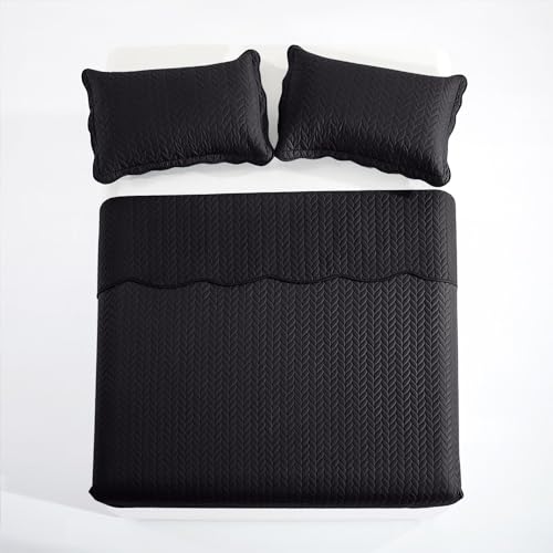 MOONLIGHT20015 Quilt Queen Size (90" x 96") with 2 Pillow Shams (20" x 26"+2") for Summer - 3 Pcs Lightweight Bedding Set Reversible Coverlet Embossed Quilted Bedspread (Black) - color: Black, size: Full/Queen
