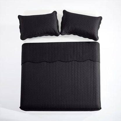MOONLIGHT20015 Twin Quilt Set (66" x 86") with 1 Pillow Sham (20" x 26"+2") for Summer - 2 Pcs Reversible Bedding Set Lightweight Microfiber Coverlet Embossed Pattern Quilted Bedspread (Black) - color: Black, size: Twin