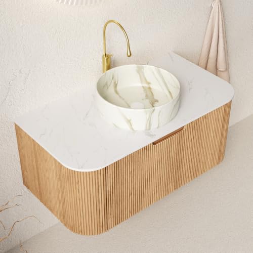36" Floating Bathroom Vanity with Sink, Wall Mounted Plywood Cabinet, Natural Wood Grain Fluted Front, Sintered Stone Countertop, White Marble-Look Ceramic Vessel Sink, Soft-Close Drawer - color: Natural Oak Cabinet / White Marble Sink, size: 36 Inch
