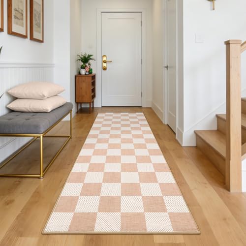 GarveeHome Checkered Blush Beige 2x6 Washable Low-Pile Kitchen Runner Rug | Non-Slip Blush Beige Stain Resistant Rug for Kitchen Hallway Entryway Bedroom Bathroom Geometric Modern Rug TPE Backing - color: Blush Beige, size: 2' x 6' (Rectangular)