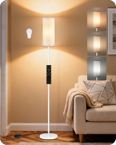 White Floor Lamps for Living Room with Remote and Foot Switch, 64.4” Modern Standing Tall Lamp, Dimmable Corner Lamp for Bedroom, Office, Bulb Included, 3000K-6500K, FCC Listed WW06LD05W1 - color: Off-White