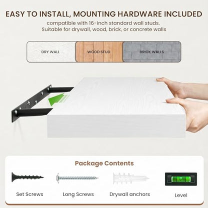 32 Inch Floating Shelves, 12'' Deep White Shelves for Wall Set of 2 | Invisible Brackets, Engineered Wood, Mounting Hardware Included, 40LBS, Bathroom, Laundry Room, Kitchen, Living Room - color: White, size: 32W x 11.6D x 2H, 2 Pack