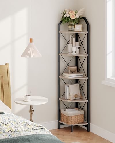 5-Tier Corner Shelf, Industrial Corner Bookshelf, 59.4" Corner Storage Stand, Plant Stand Display Shelf, Corner Bookcase for Bedroom, Living Room, Home Office, Greige and Black TCJ10BG - color: Greige and Black, size: 5-Tier
