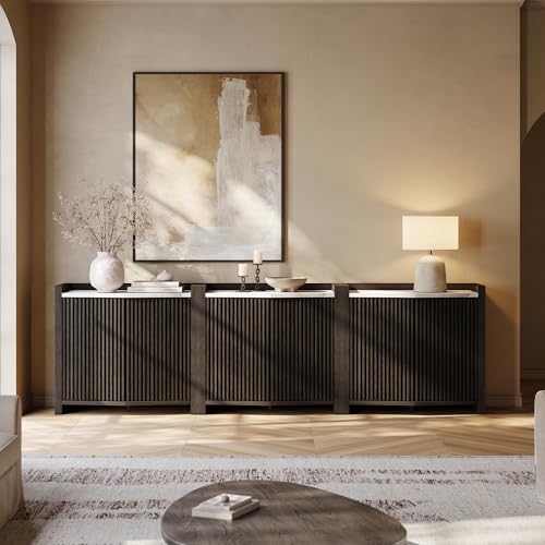 BELLEZE 105'' Modern Credenza with Adjustable Shelves, Set of 3 Modular Sideboard Buffet Cabinet with Storage,Fluted Black Console Table with Faux Marble Panel for Kitchen, Entryway, Dining Room - color: 35 Inch Ebony, size: 3