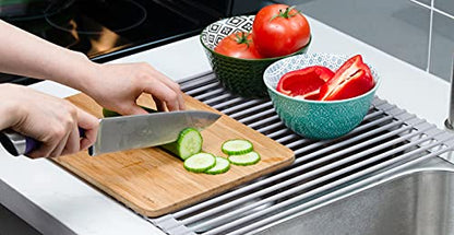 20.5 x 15.5 Inch Roll-Up Dish Drying Rack, Fits Across Sink Openings up to 19.5 Inches, Heavy-Duty Premium Silicone, Strong Support, Non-Slip, Heat-Resistant, Warm Gray - size: 20.5" x 15.5"