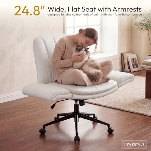 Dowinx Criss Cross Chair with Five-Level Adjustable Arms and Wheels - Comfortable Ergonomic PU Leather Swivel Vanity Chair - Computer Makeup Gaming Chair for Home Office, Bedroom, Vanity Room (Beide) - color: Cream White