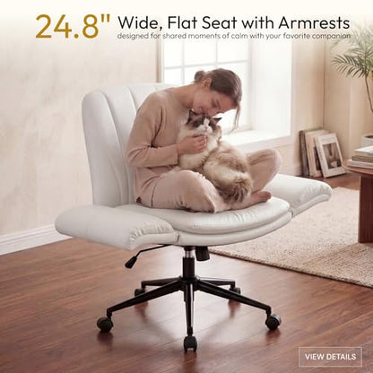 Dowinx Criss Cross Chair with Five-Level Adjustable Arms and Wheels - Comfortable Ergonomic PU Leather Swivel Vanity Chair - Computer Makeup Gaming Chair for Home Office, Bedroom, Vanity Room (Beide) - color: Cream White
