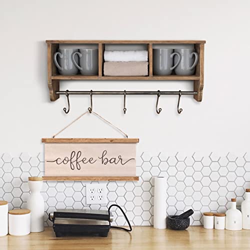 HBCY Creations Wall Mounted Shelf with Coat Hooks and Baskets, Solid Wood Entryway Organizer Wall Shelf with Hooks - Hang Coats, Keys or Coffee Mugs, Rustic Brown 24" Wide - color: Rustic Brown