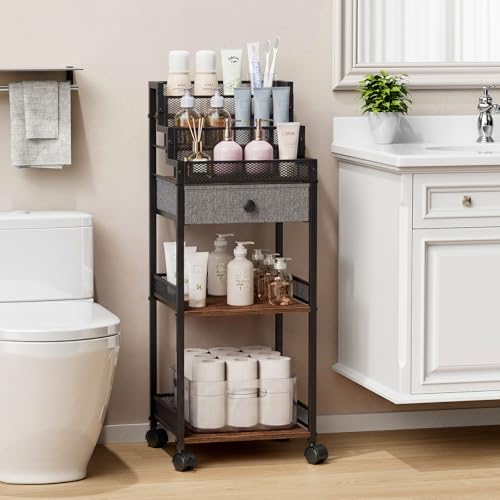 Plaviya Makeup Organizer Cart with Drawer for Vanity and Bathroom 13in | Rolling Skincare Storage Display Stand, Free Standing Cosmetic Organizer for Bedroom, Kitchen, Laundry, 33x13x11.8in - color: Black