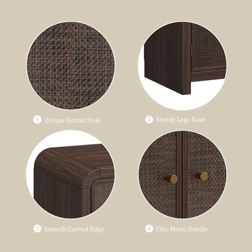 Oak&Sparrow Oak Rattan Sideboard Buffet Cabinet, 60'', 4 Doors | Boho Style, Adjustable Shelves, With Storage, For Living Room, Hallway & Kitchen - color: Dark Walnut