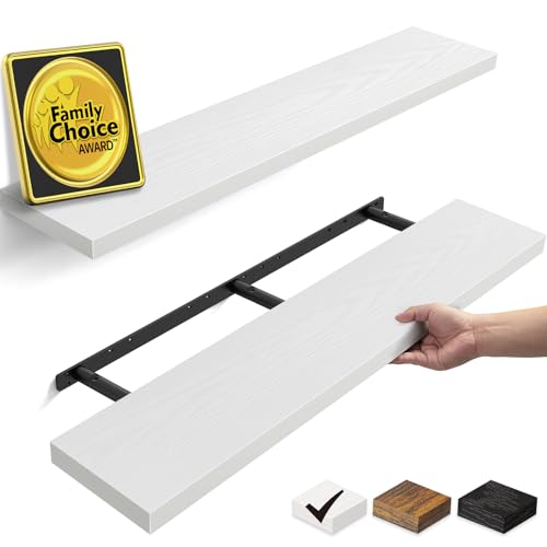 BAYKA White Floating Shelves 47.2in, Set of 2, Wall Mounted for Wall Decor | Easy Install, 30lbs Max Load, Hidden Bracket, Shelving for Bathroom Bedroom Kitchen Office Storage, Multi-Wall Compatible - color: C. White - Modern Minimalist Style, size: 47.2i