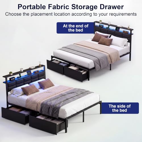 Full Bed Frame with 2 Storage Drawers, LED Lights & Charging Station, Upholstered Headboard with Shelves, Heavy Duty Metal Platform, No Box Spring Needed, Noise Free, Easy Assembly - size: Full