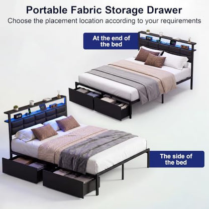 Full Bed Frame with 2 Storage Drawers, LED Lights & Charging Station, Upholstered Headboard with Shelves, Heavy Duty Metal Platform, No Box Spring Needed, Noise Free, Easy Assembly - size: Full