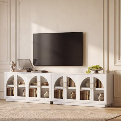 Fatmok 30.7" Tall Modern TV Stand with Arched Glass Doors,White Oak | Set of 2,Detachable Gold Handles,Adjustable Shelves,FSC Wood,Media Console Cabinet,Entertainment Center for Living Room - color: Bb-white Wood Grain