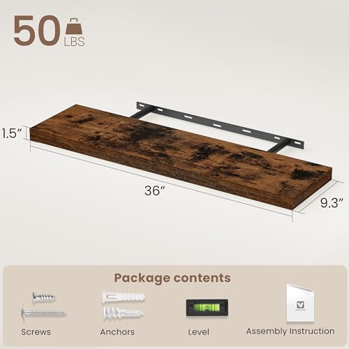 Vivelove Floating Shelves 9 inch Deep 36”Long Set of 2, Rustic Brown | Easy Install With Hardware, 1.5" Thick, Invisible Brackets, Wall Mounted, No Sagging, For Any Room - color: Rustic Brown, size: 36”wx9.3”dx1.5”h