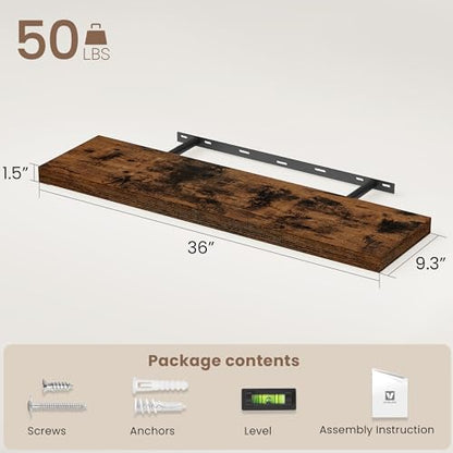 Vivelove Floating Shelves 9 inch Deep 36”Long Set of 2, Rustic Brown | Easy Install With Hardware, 1.5" Thick, Invisible Brackets, Wall Mounted, No Sagging, For Any Room - color: Rustic Brown, size: 36”wx9.3”dx1.5”h