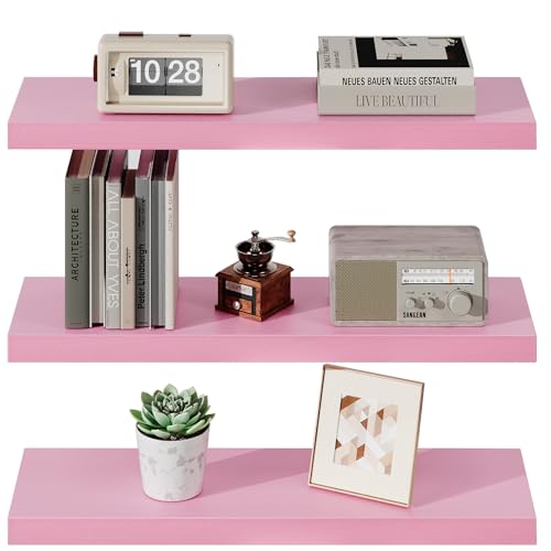 SAUMONIERES Floating Wall Shelves for Bedroom Bathroom Wall Mounted Solid Wood Shelf 24 Inch Set of 3, Pink Floating Shelves - color: Pink, size: 24 Inch-3 shelves