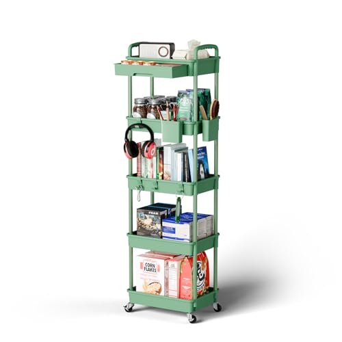 Sorgion 5 Tier Rolling Cart Organizer,Bathroom Cart Organizers with Wheels Laundry Room Organization Mobile Shelving Unit Utility Cart Storage Shelves Multi-Functional for Office, Home(Green) - size: 5Tier-Green