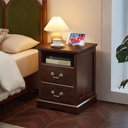 Farmhouse Night Stand with Charging Station, Walnut | 2 Drawers End Tables Bedroom, Bedside Table with Rustic Handles & Floor-Standing Thickened Foot & Open Shelf - color: Walnut, size: 18"D x 18"W x 24"H (2 Drawers)