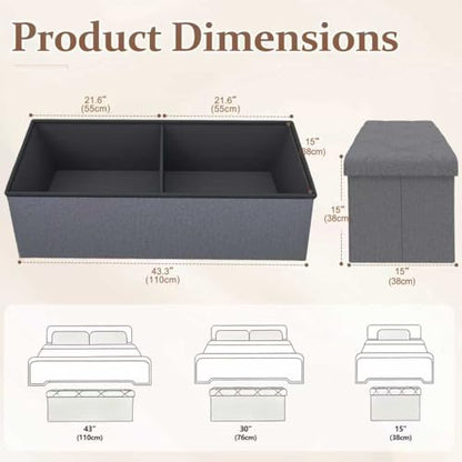 43 inch Storage Ottoman Bench, Folding Storage Bench Ottoman, for Bedroom, Living Room, and Utility Room, Grey (43.3'' W) - size: 15"D x 43.3"W x 15"H