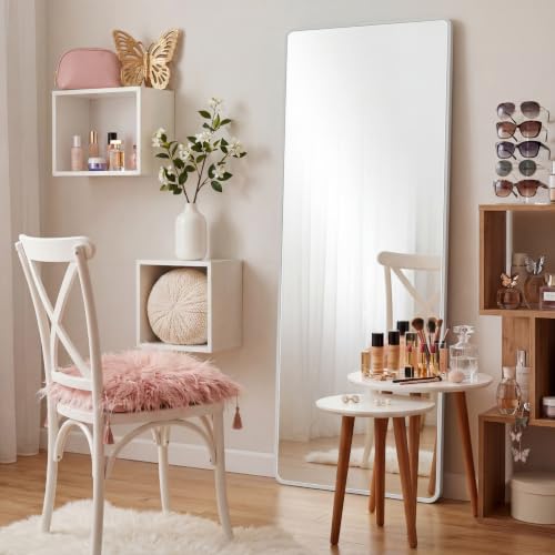 Thyle Over The Door Mirror 16x48'' Full Length Dorm White Mirror with Adjustable Hooks Wall Mounted for College School Classroom Affirmation Station Back Door Bedroom Entryway Long Body
