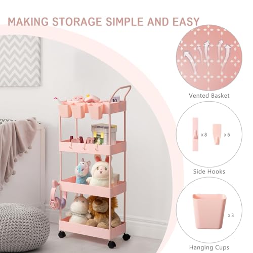 4-Tier Pink Slim Storage Cart, Narrow Laundry Cart with Wheels, Dividers, Hanging Cups, Hooks, Easy Assembly - style: 4 Tier Pink