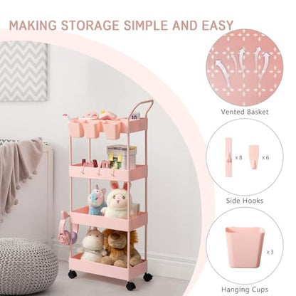 4-Tier Pink Slim Storage Cart, Narrow Laundry Cart with Wheels, Dividers, Hanging Cups, Hooks, Easy Assembly - style: 4 Tier Pink