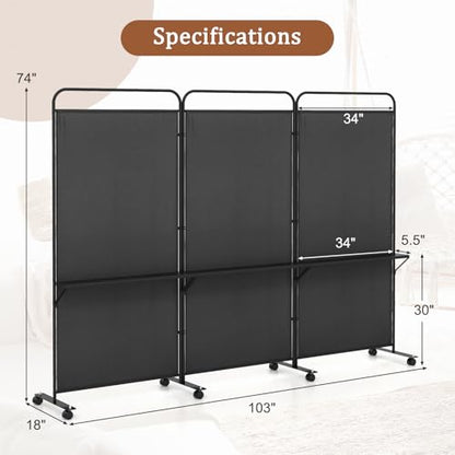 GOFLAME 3 Panel Room Divider with Storage Shelves, 6FT Folding Privacy Screen with Lockable Wheels, Portable Rolling Wall Divider, Freestanding Partition Screen for Room Separation, Black - color: Black