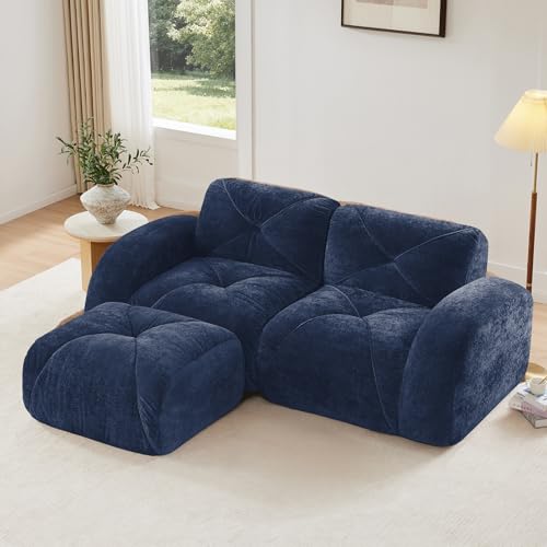 Blue Loveseat Sectional Couches for Living Room, Velvet Fabric Boneless Couch, No Assembly Cloud Modular Sectional Sofa Love Seat with 1 Ottoman, Foam Couch Compressed Sofa Set, Sofas para Sala - color: Blue, size: 2 Seater + 1 Ottoman