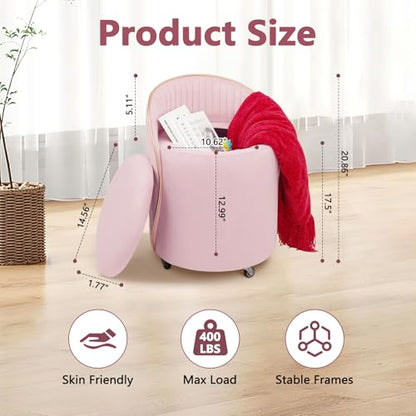 Round Storage Ottoman, Upholstered Velvet Vanity Stool with Lumbar Support, Swivel Rolling Wheels, Small Foot Stools Coffee Table Padded Seat for Makeup Room, Living Room, Bedroom (Pink) - color: Pink