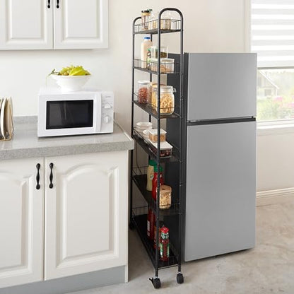 6-Tier Storage Cart Wire Slim Shelving Shelf with Wheels for Small Spaces, Rolling Tall Organizer Storage for Bathroom, Kitchen, Home, Garage, Bedroom, Closet (Black, 10“D)