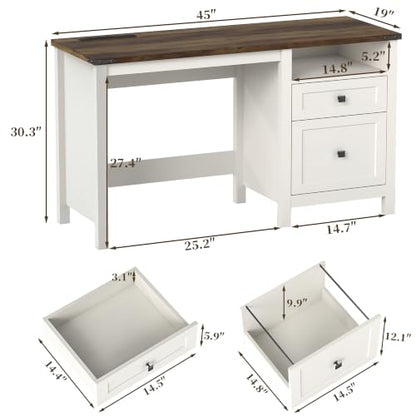 Farmhouse Executive Desk with Charging Station, 45″ Home Office Computer Desk with Drawer & Open Shelf, Writing Desk for Small Space,Antique White - color: Antique White