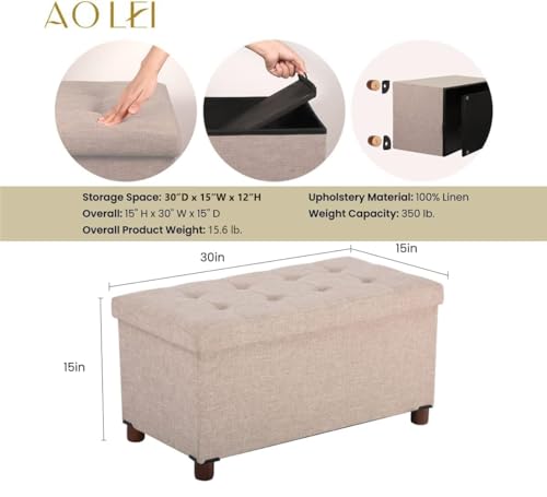 30 Inches Storage Ottoman Bench, Storage Bench with Wooden Legs for Living Room Ottoman Foot Rest Removeable Lid for Bedroom End of Bed, Linen Fabric, Folding Beige Ottoman