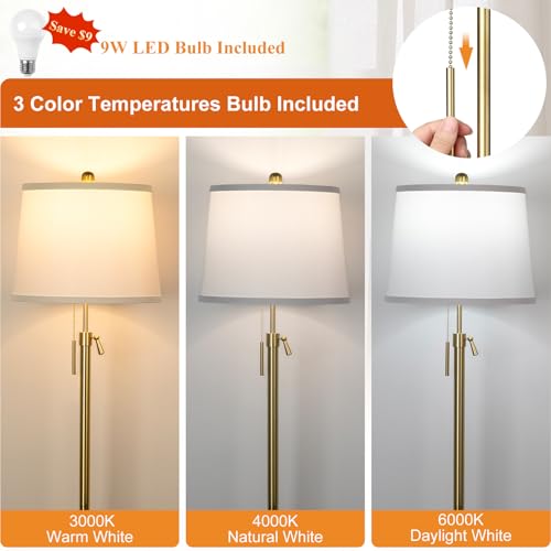 JUNNAI Gold Floor Lamp for Living Room, Tall Standing Lamp 55-65" Adjustable Modern Brass Floor Lamps for Bedroom Reading Office Kids 3 Color Lights Corner Night Stand (9W LED Bulb, White Shade) - color: Gold+White Shade